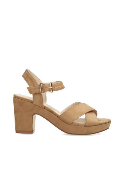 POSH by Poelman MARY block heel sandals with ankle strap beige faux suede