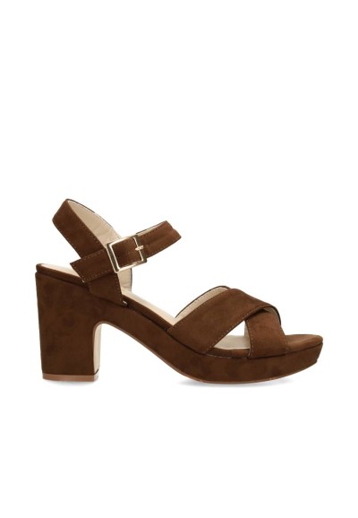 POSH by Poelman MARY block heel sandals with ankle strap brown faux suede