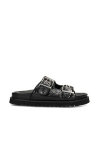 Side view of the POSH by Poelman women’s sandal in black leather with buckles