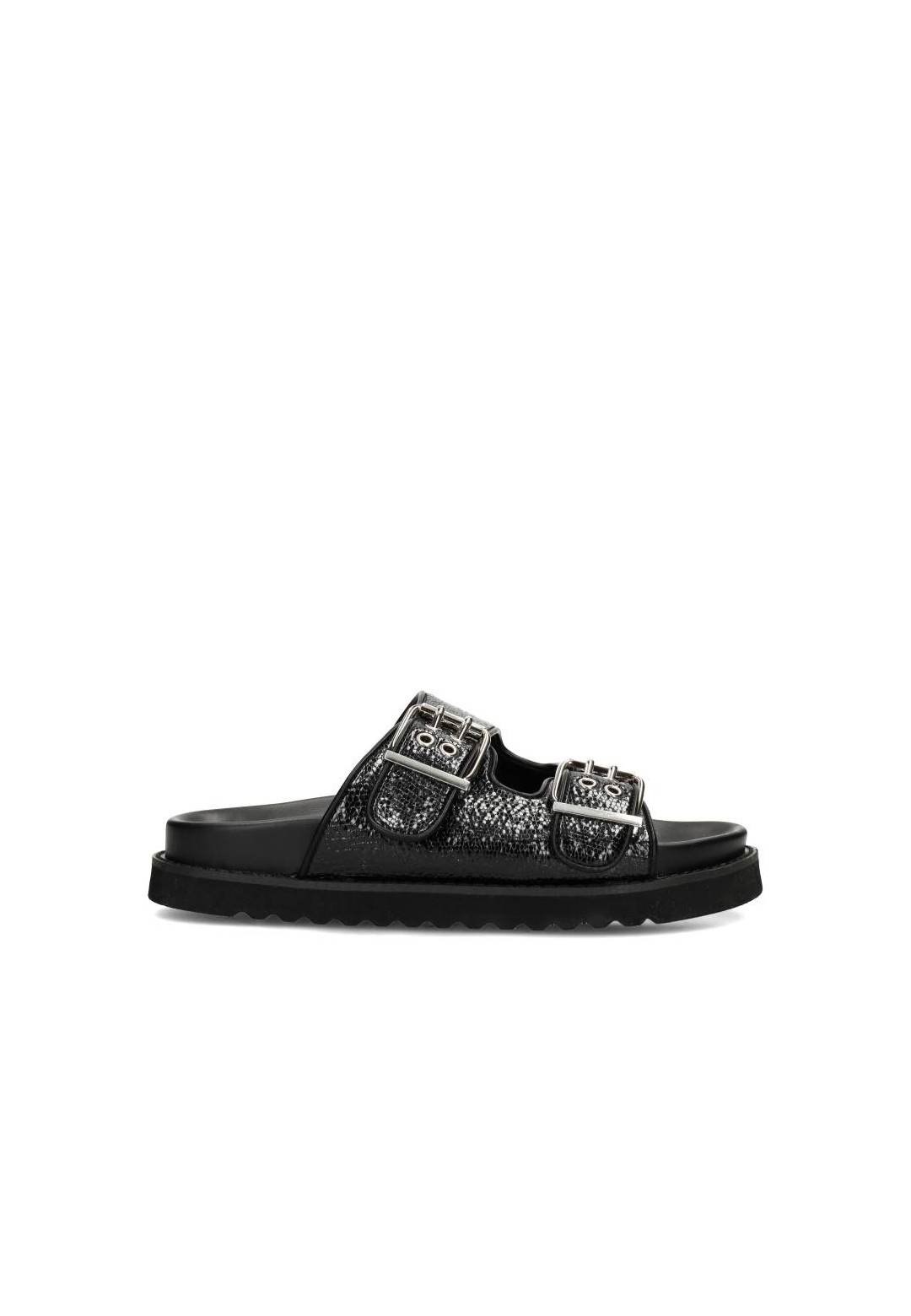 Side view of the POSH by Poelman women’s sandal in black leather with buckles