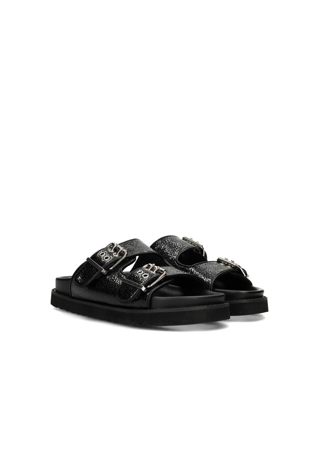 Angled front view of the black sandal pair with double buckles