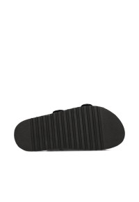 Outsole view of the black sandal with black tread sole