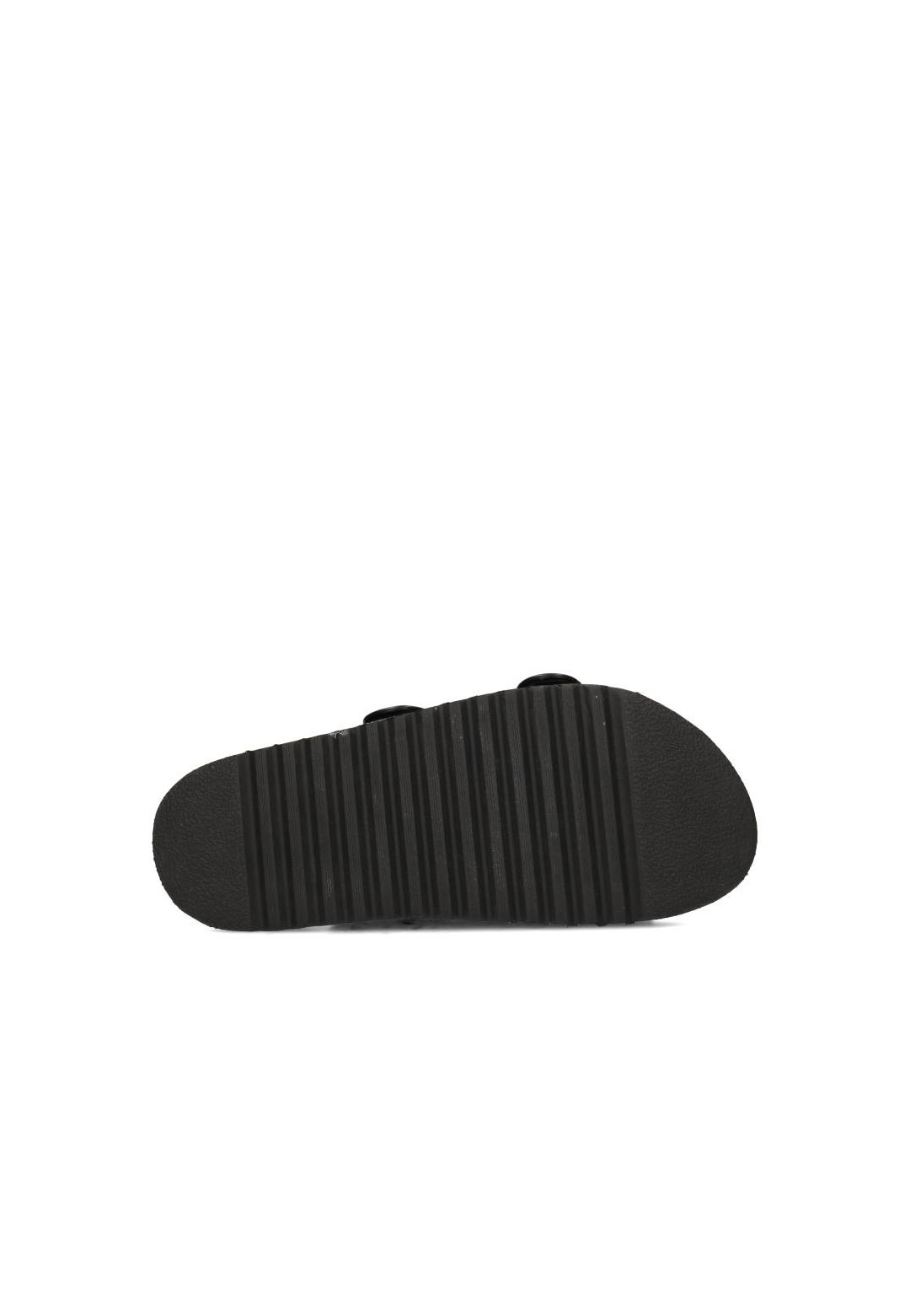 Outsole view of the black sandal with black tread sole