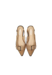 Top view of beige slingbacks with buckle and open back