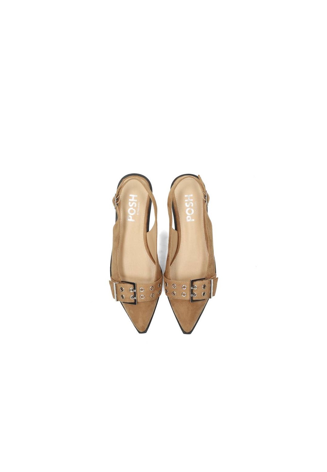 Top view of beige slingbacks with buckle and open back