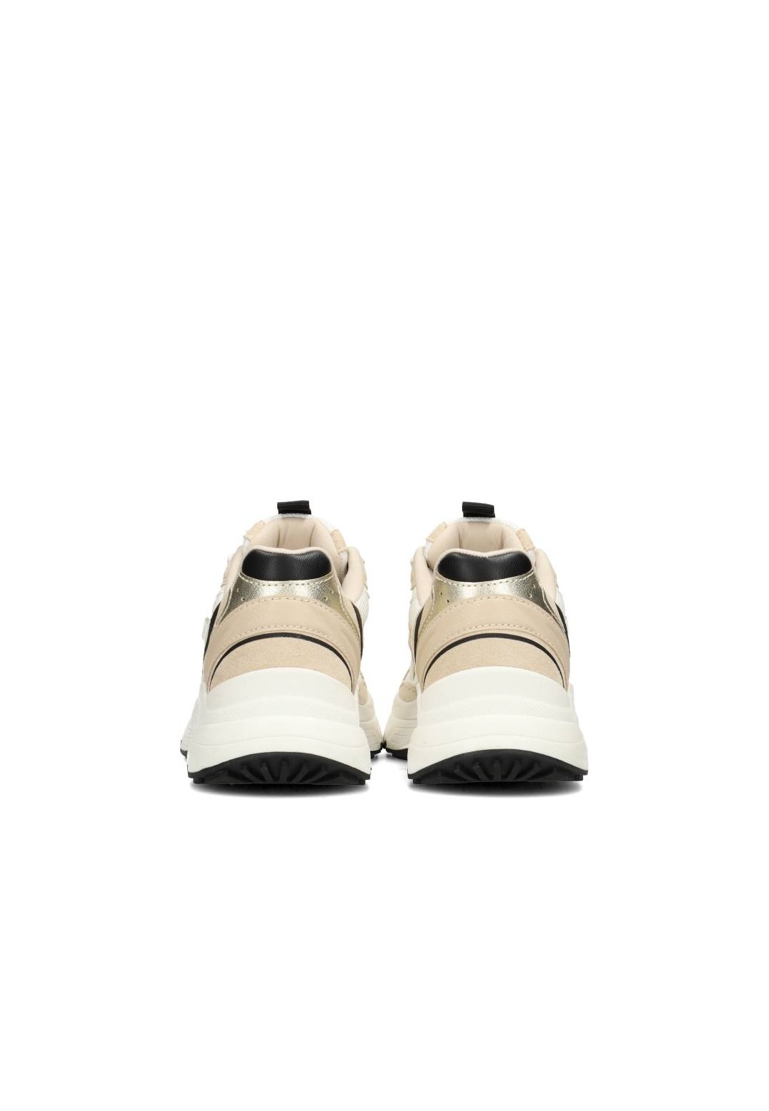 Rear view of beige sneakers with thick sole