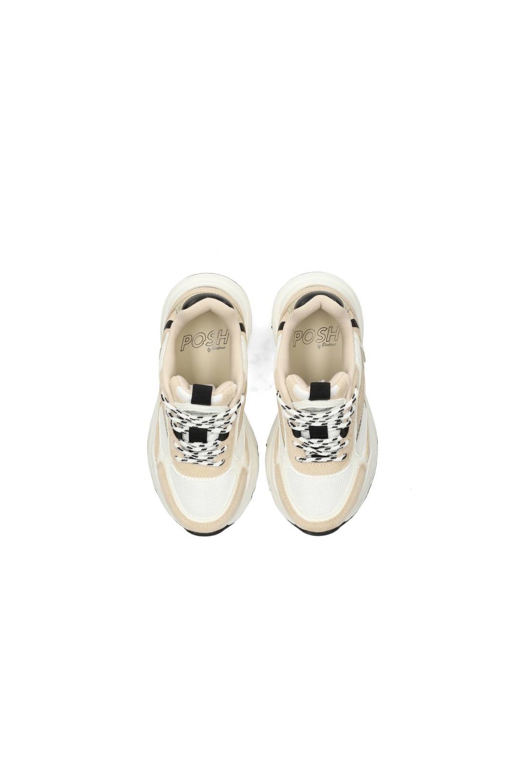 Top view of beige sneakers with lace detail