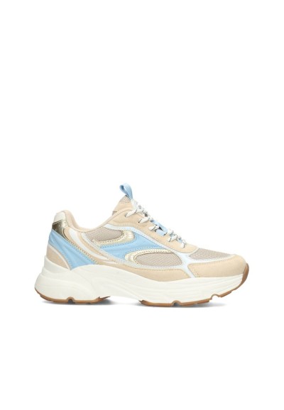 Side view of the PS Poelman Abby sneaker in beige and blue