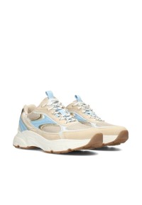 Schräge Vorderansicht des Abby Sneaker-Paares in Beige und Blau
