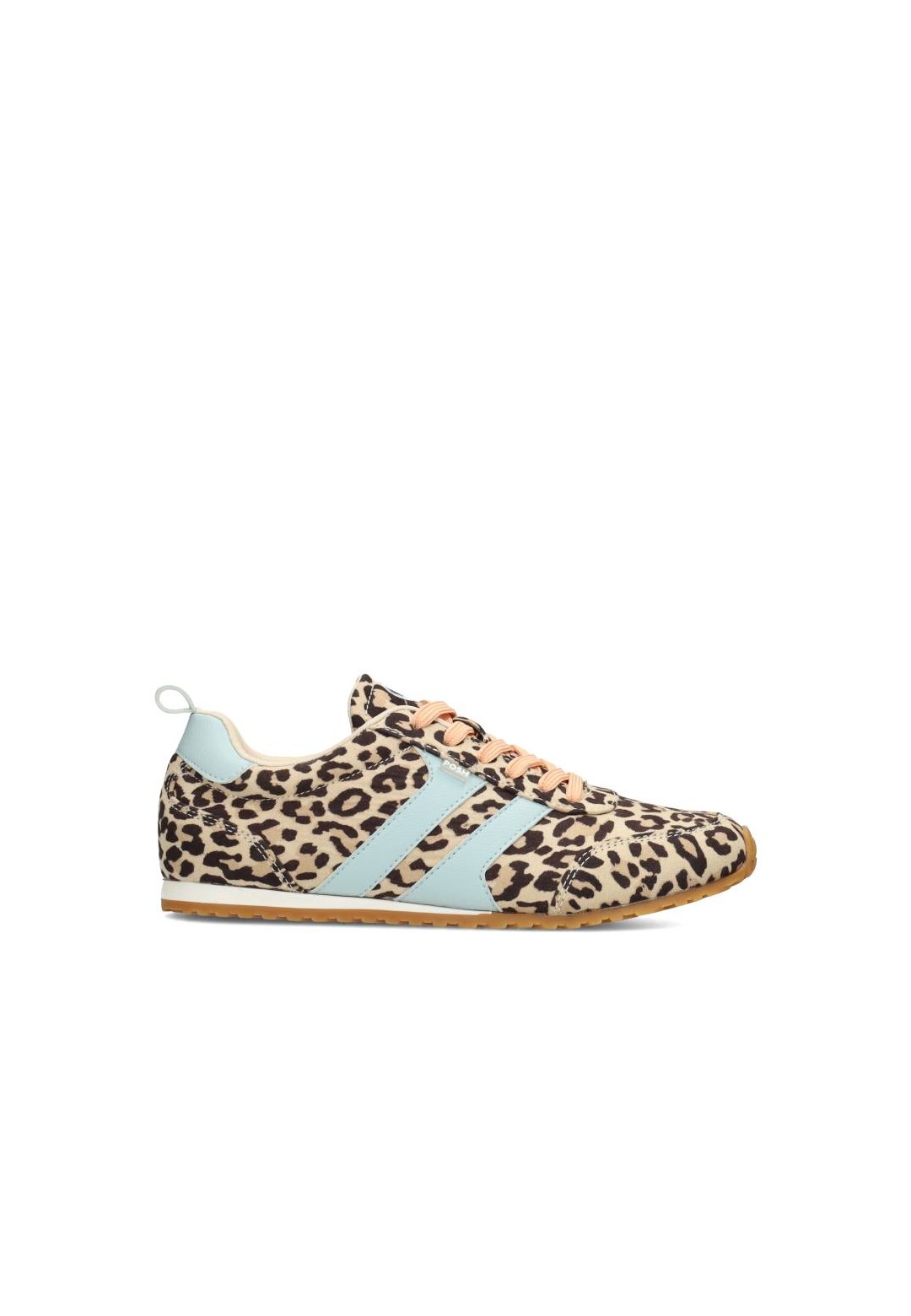 Zijaanzicht van de POSH by Poelman MAXINE sneaker met leopardprint en lichtblauwe details