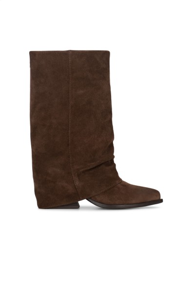 Side view of the dark brown suede HABOOB CELESTE boot