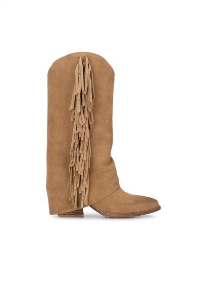 Light brown suede boot with fringe side view