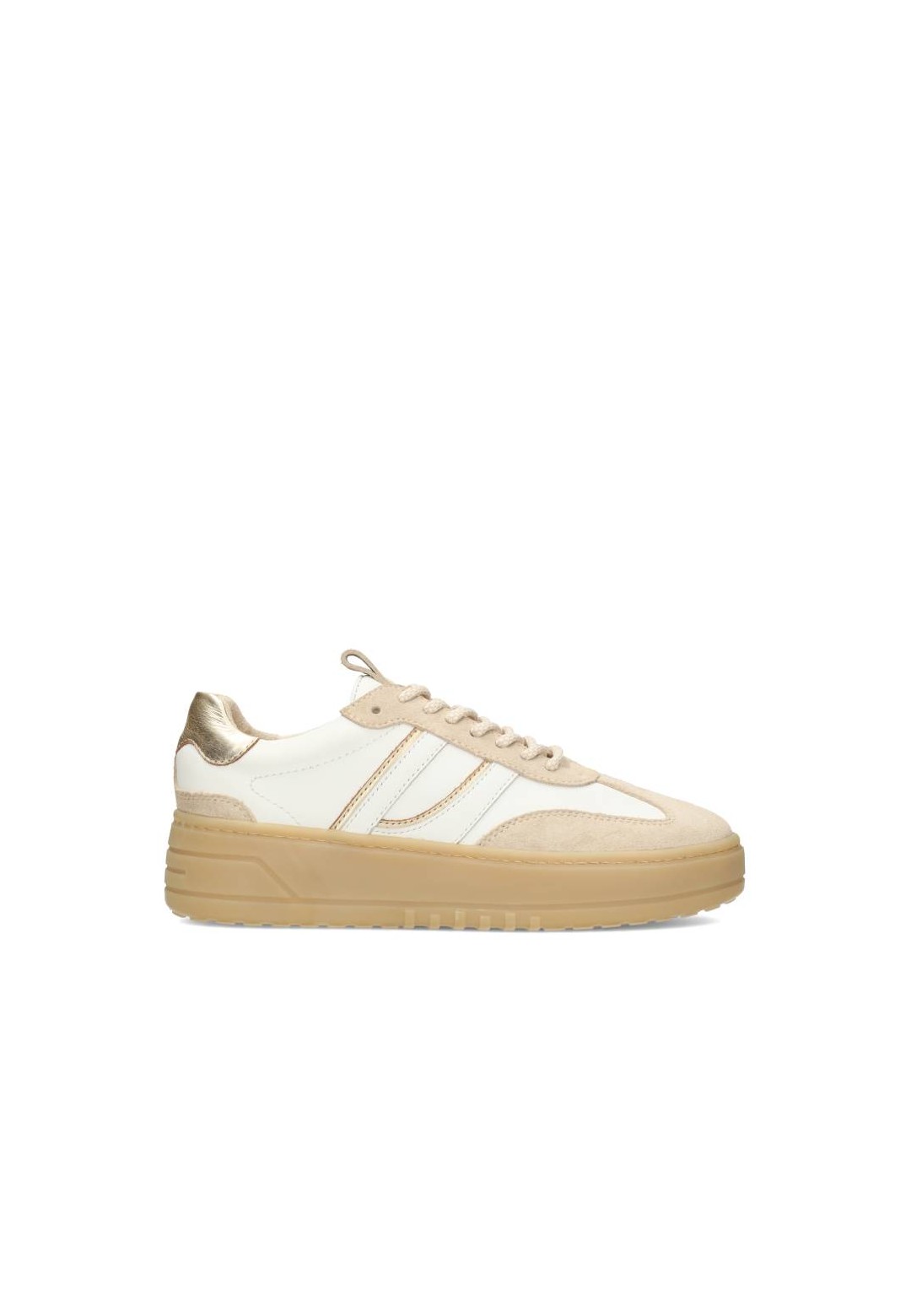 Seitenansicht des ANEMONE Sneakers – beige Leder und Wildleder