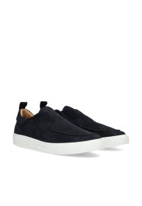 Gregory navy suede slip-ons – angled front view on white background