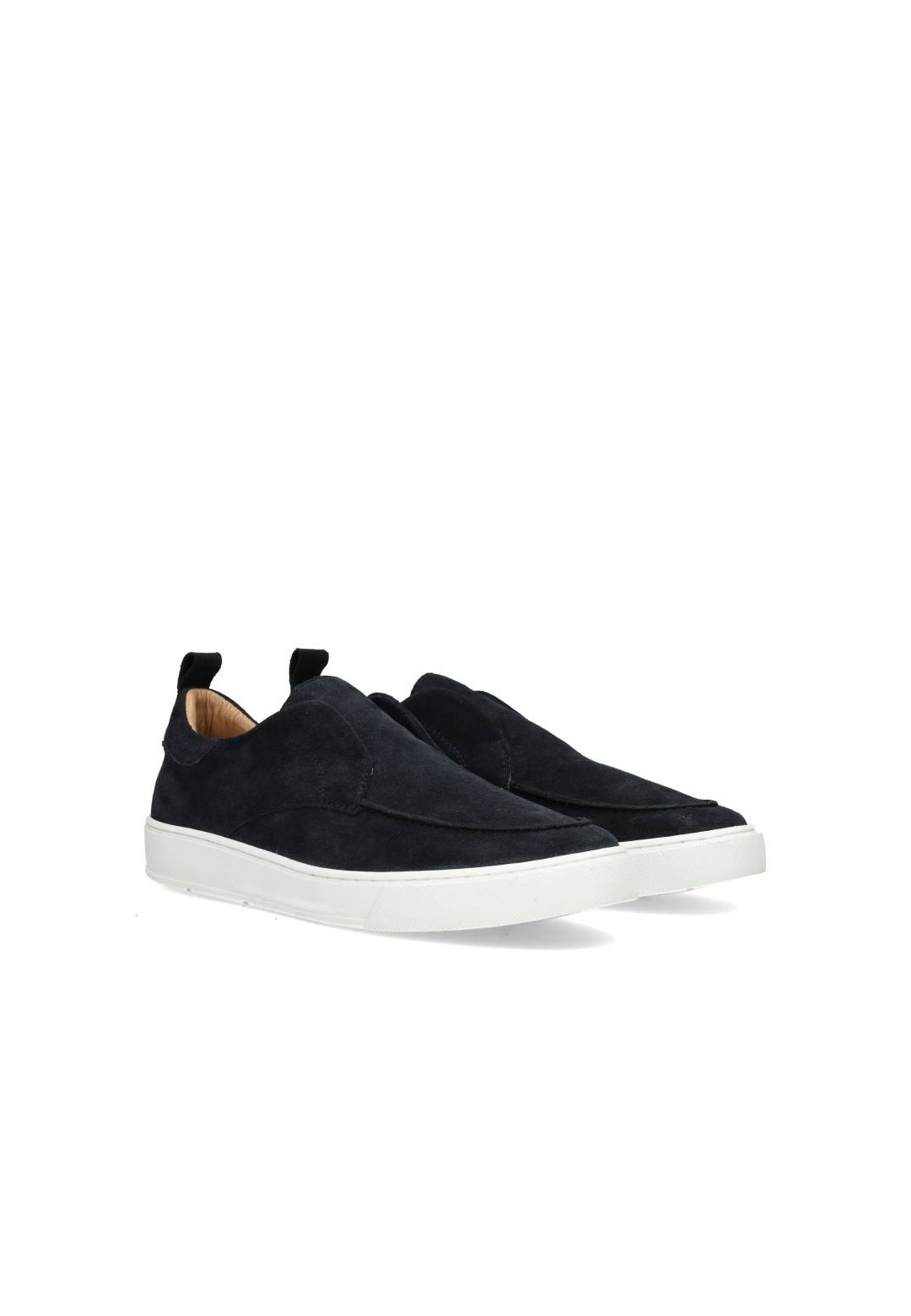 Gregory navy suede slip-ons – angled front view on white background