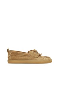 Beige suède loafer met mocassin-details en rubberen zool – zijaanzicht