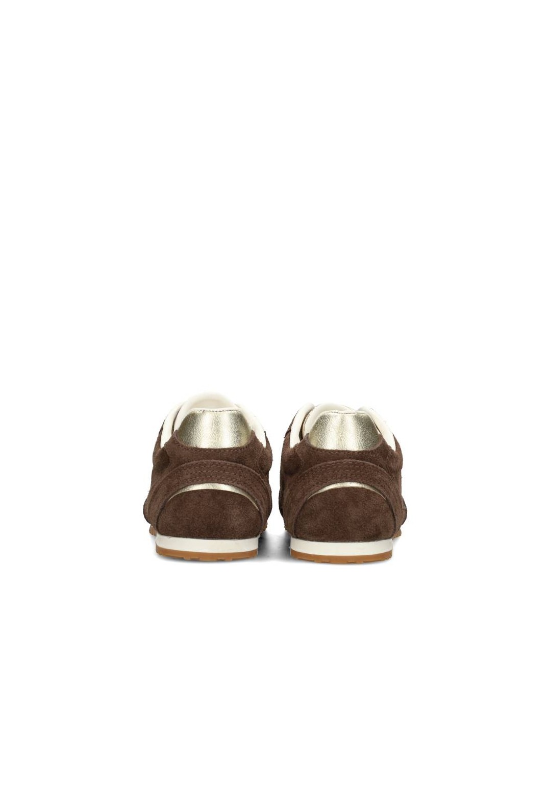 Rear view of two brown suede sneakers with contrasting heel panels