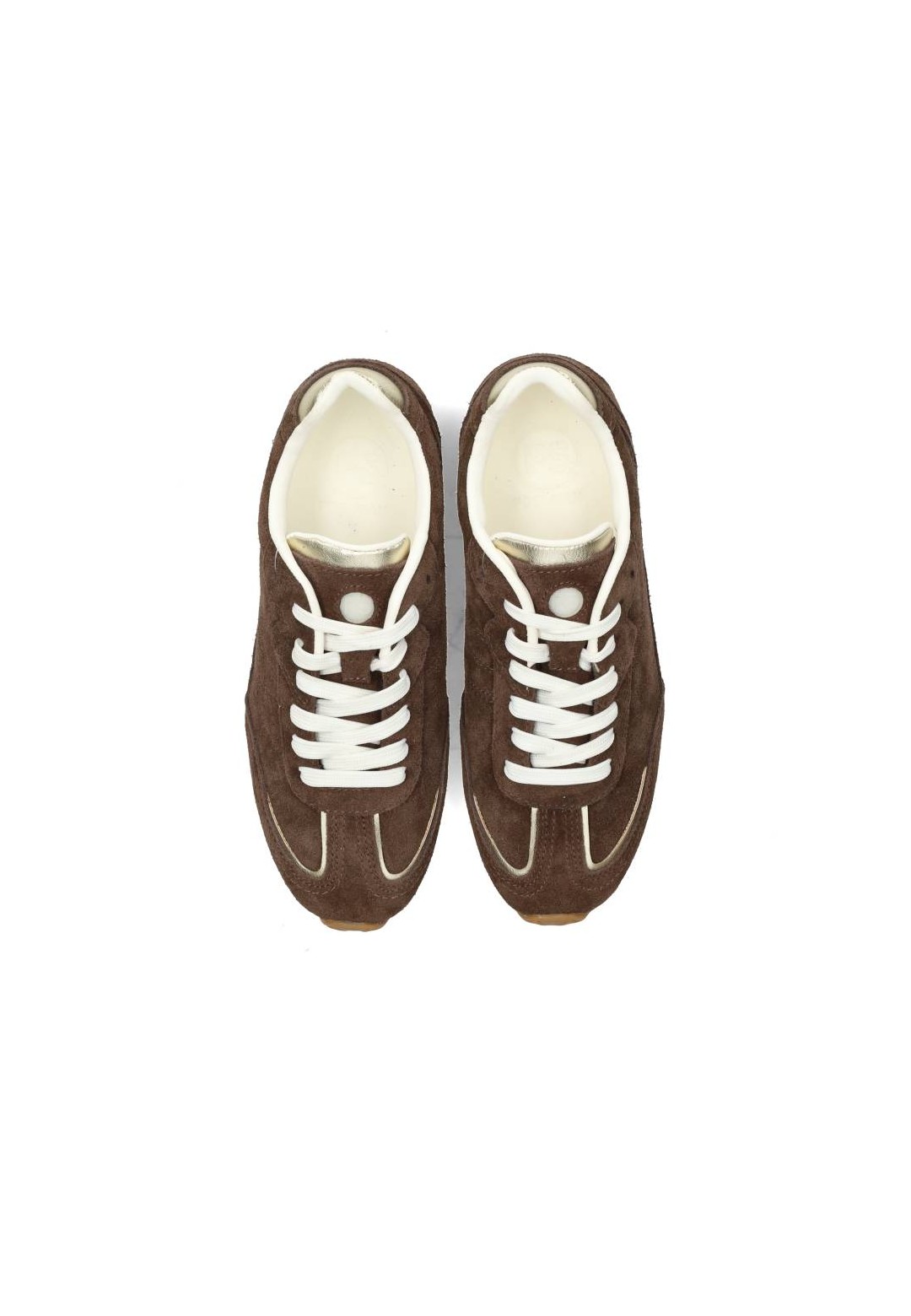 Top view of two brown sneakers with white laces placed side by side