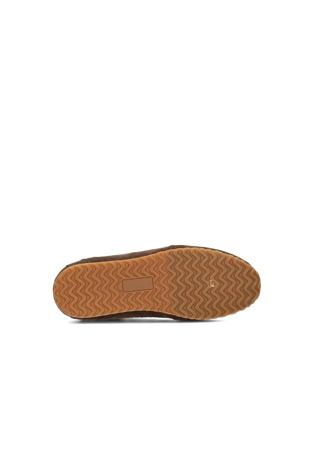 Bottom view of a light brown rubber sole with herringbone pattern