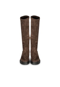 Front view of CYBELE boots – dark brown faux suede with rugged sole design