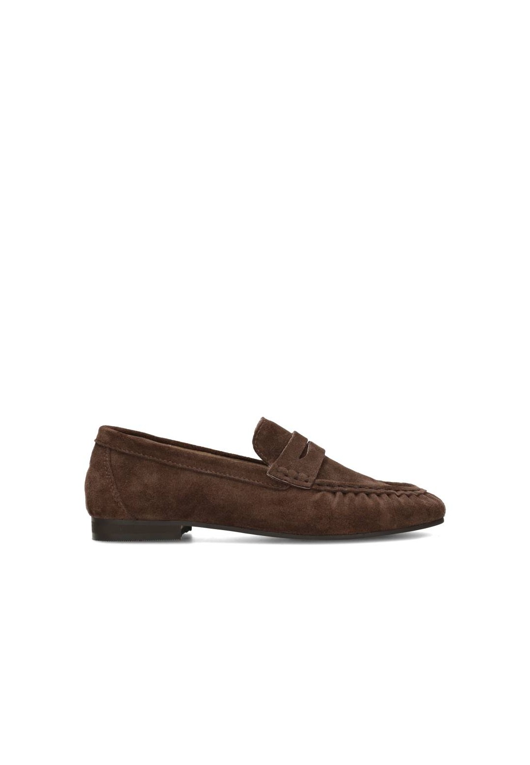 Side view of the PS Poelman SAMMY women’s loafer in dark brown suede