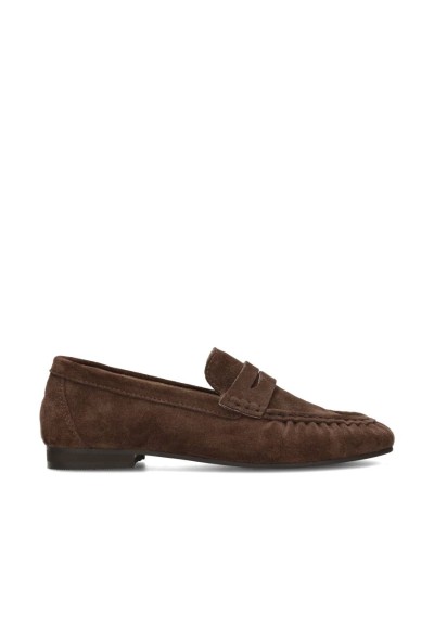 Side view of the PS Poelman SAMMY women’s loafer in dark brown suede