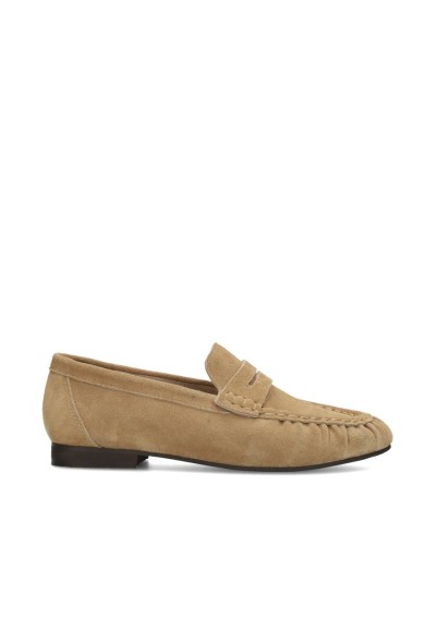 Side view of the PS Poelman SAMMY women’s loafer in light taupe suede