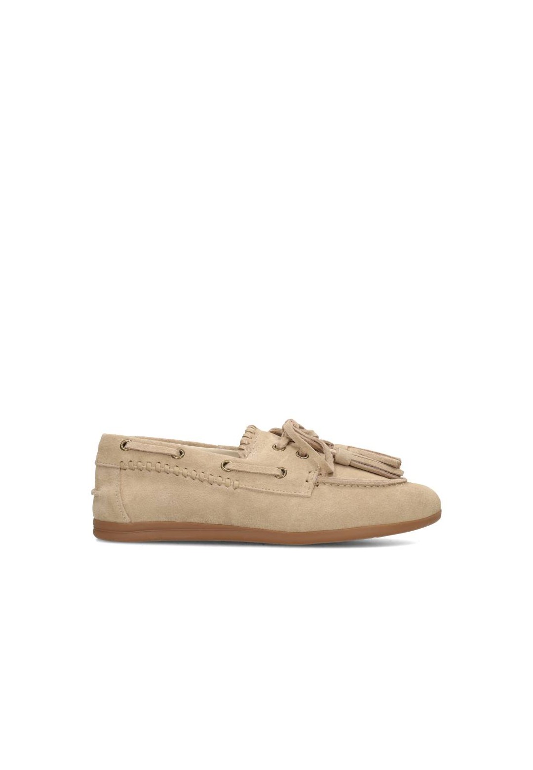 Beige suède LIRA loafers voor dames met veterdetail – zijaanzicht