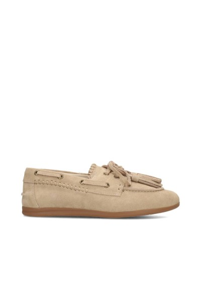 Beige suède LIRA loafers voor dames met veterdetail – zijaanzicht