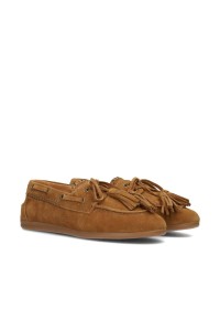 PS Poelman camel suède loafers met kwastjes – schuine zijaanzicht