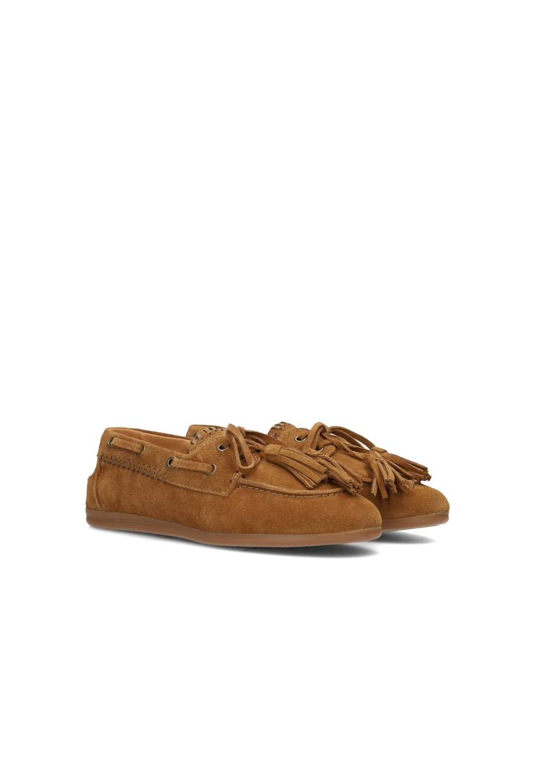 PS Poelman camel suède loafers met kwastjes – schuine zijaanzicht