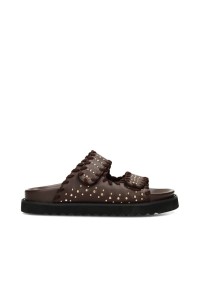 POSH by Poelman NENA women’s sandals in dark brown faux leather with studs and chunky sole – trendy sandals for women