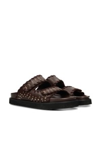 Trendy POSH by Poelman NENA sandals for women with wide straps and studs in dark brown faux leather