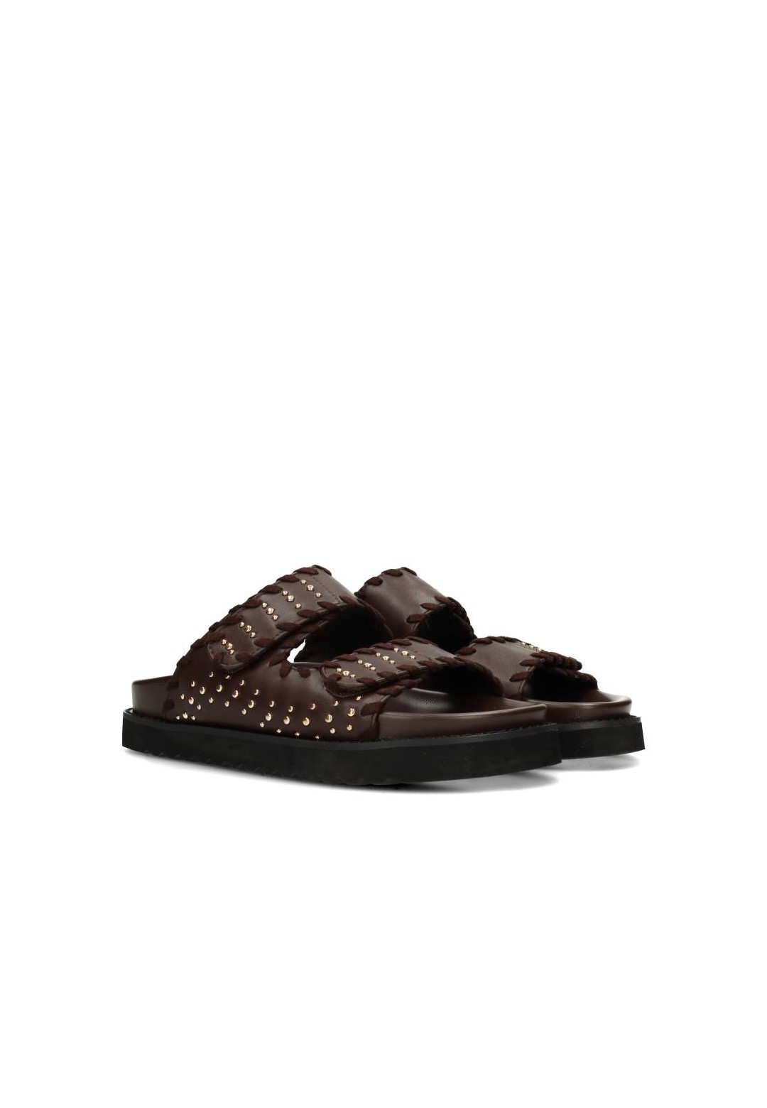 Trendy POSH by Poelman NENA sandals for women with wide straps and studs in dark brown faux leather
