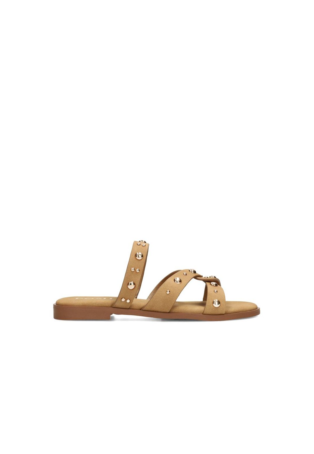 Side view of the POSH by Poelman LINDE women’s sandal in cognac leather with studs