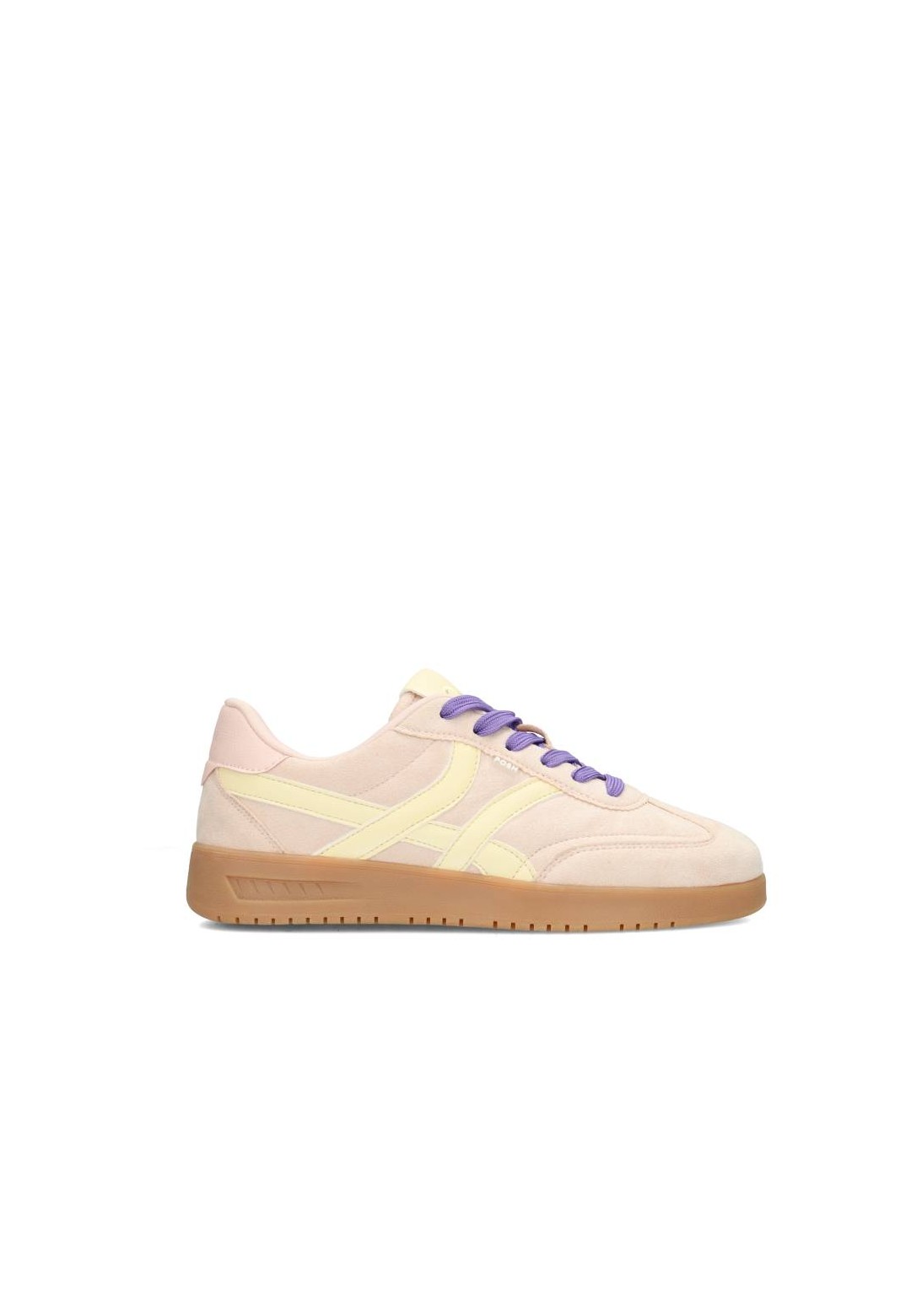 Zijaanzicht van pastelroze MEGAN dames sneaker van POSH by Poelman met paarse veters