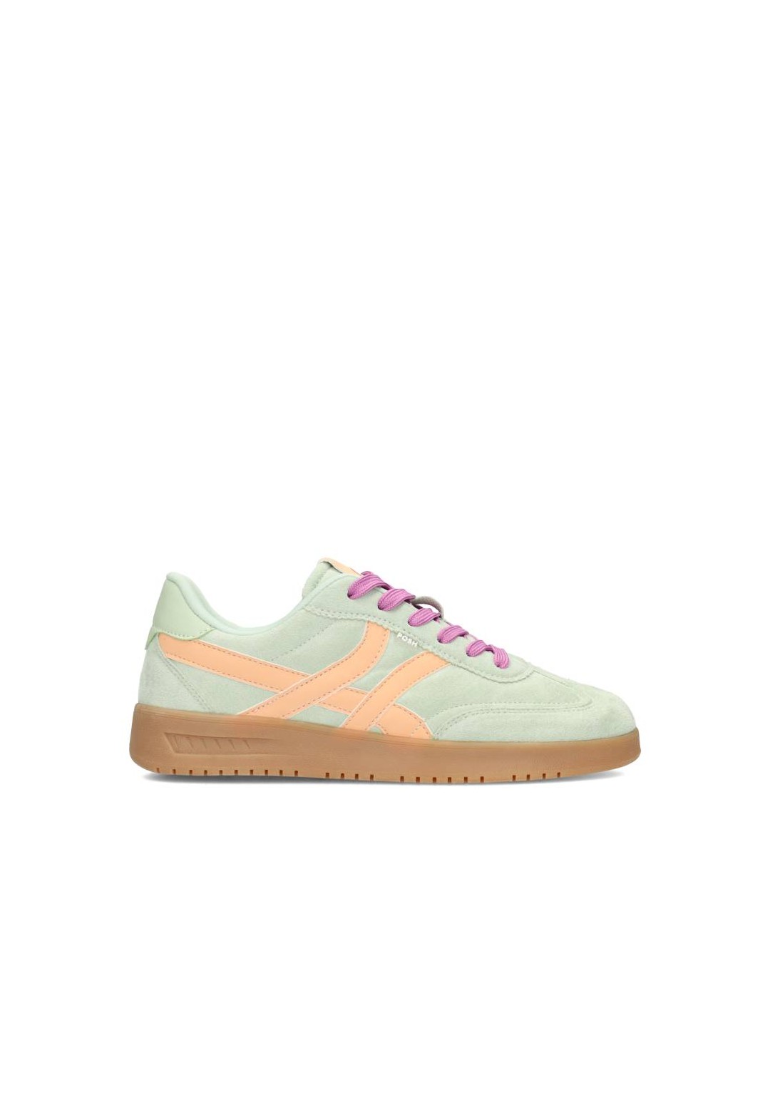 Zijaanzicht van MEGAN sneaker in mintgroen met roze details van POSH by Poelman