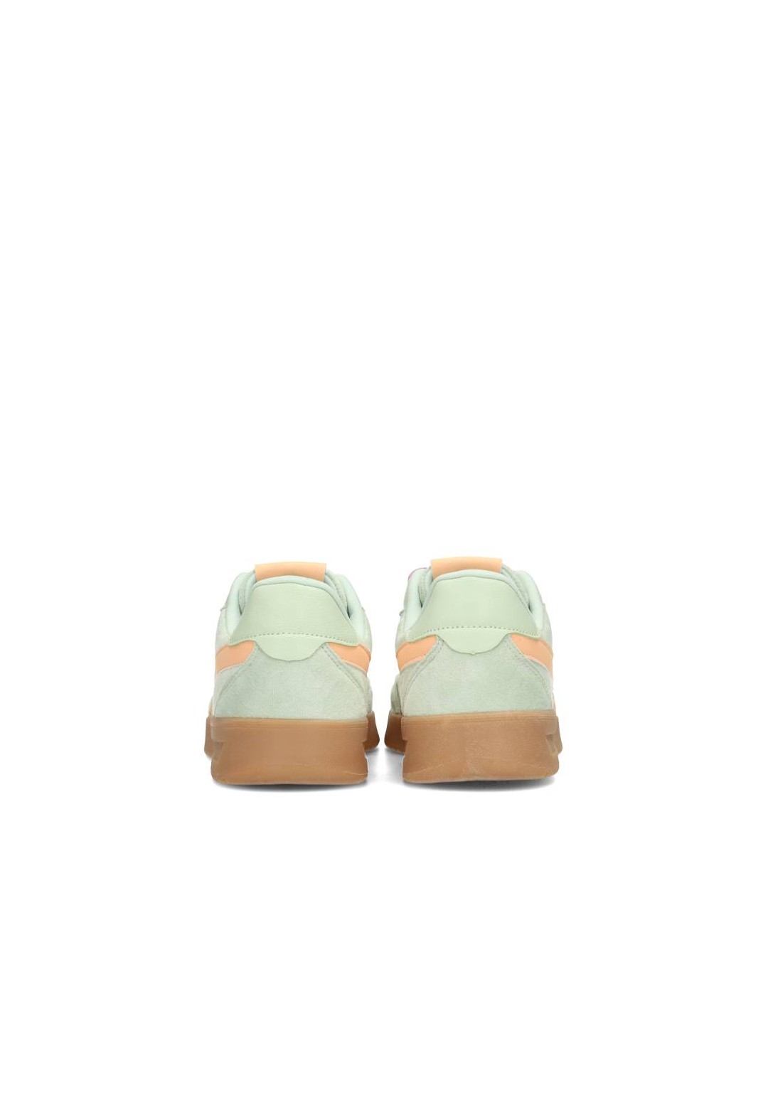 Achteraanzicht van MEGAN sneakers in mintgroen met roze hielstuk