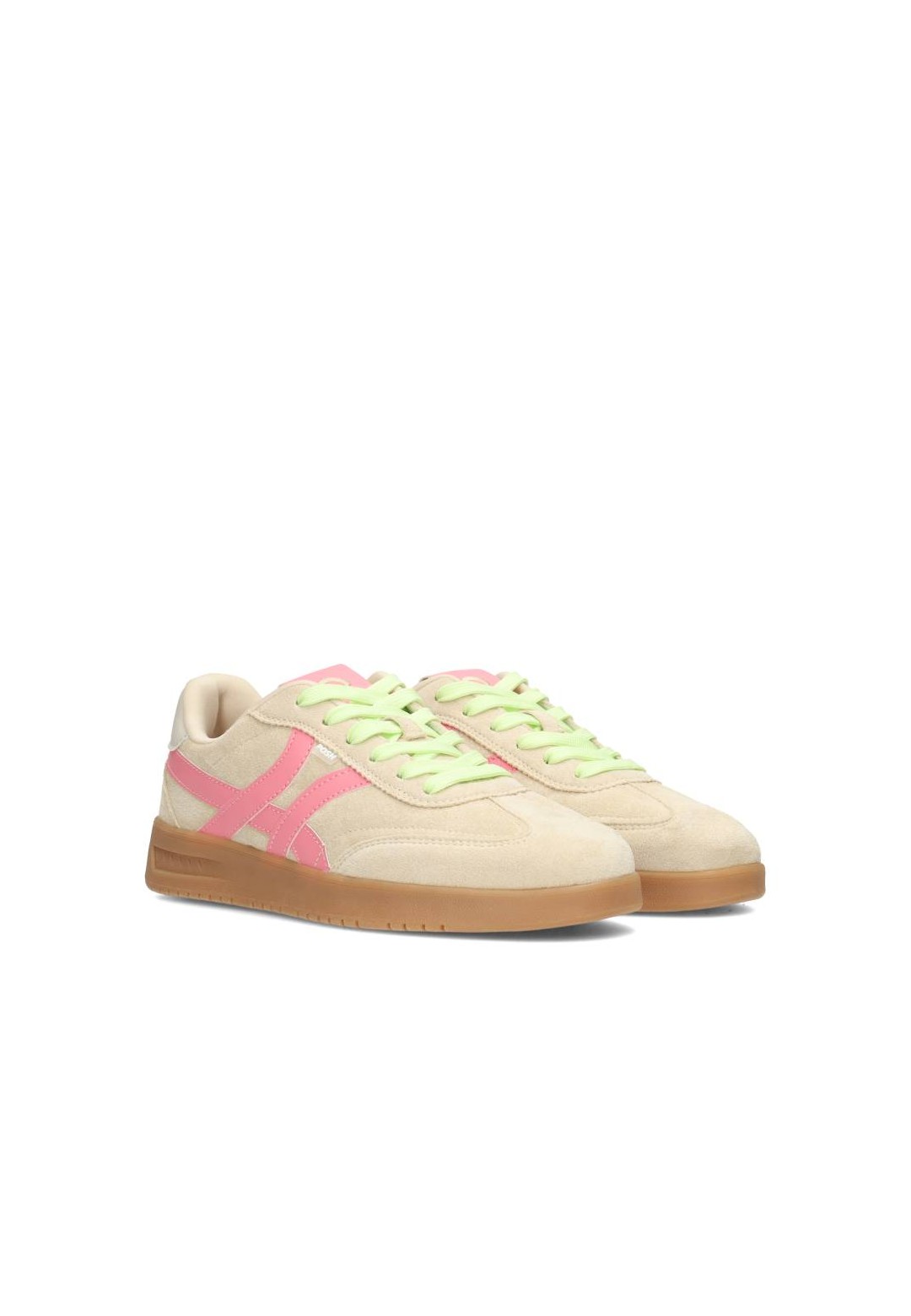 Schuin vooraanzicht van MEGAN sneaker met beige basis en neon details