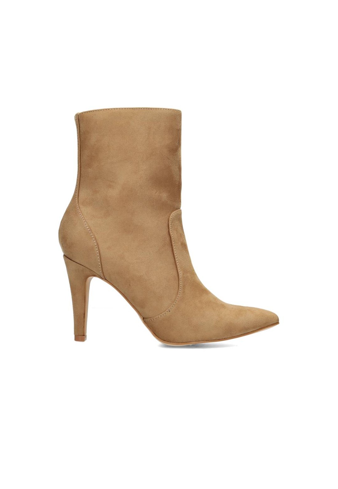 Side view of beige faux suede ankle boot with high heel