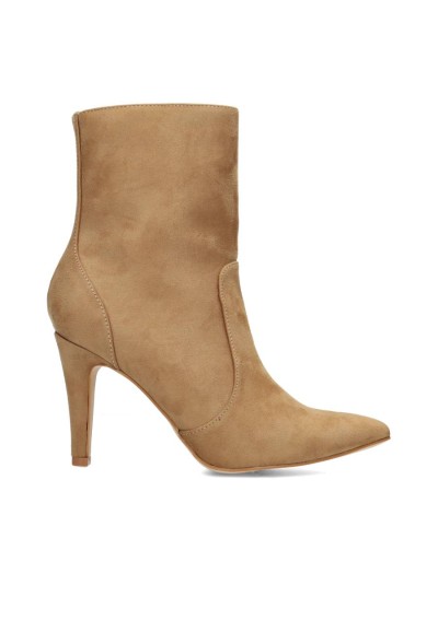 Side view of beige faux suede ankle boot with high heel