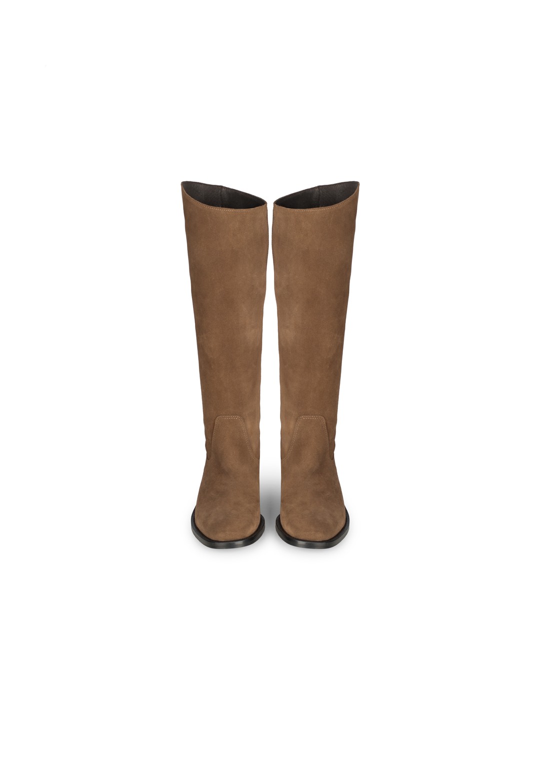 Front view of a pair of Isabella cognac suede knee-high boots.