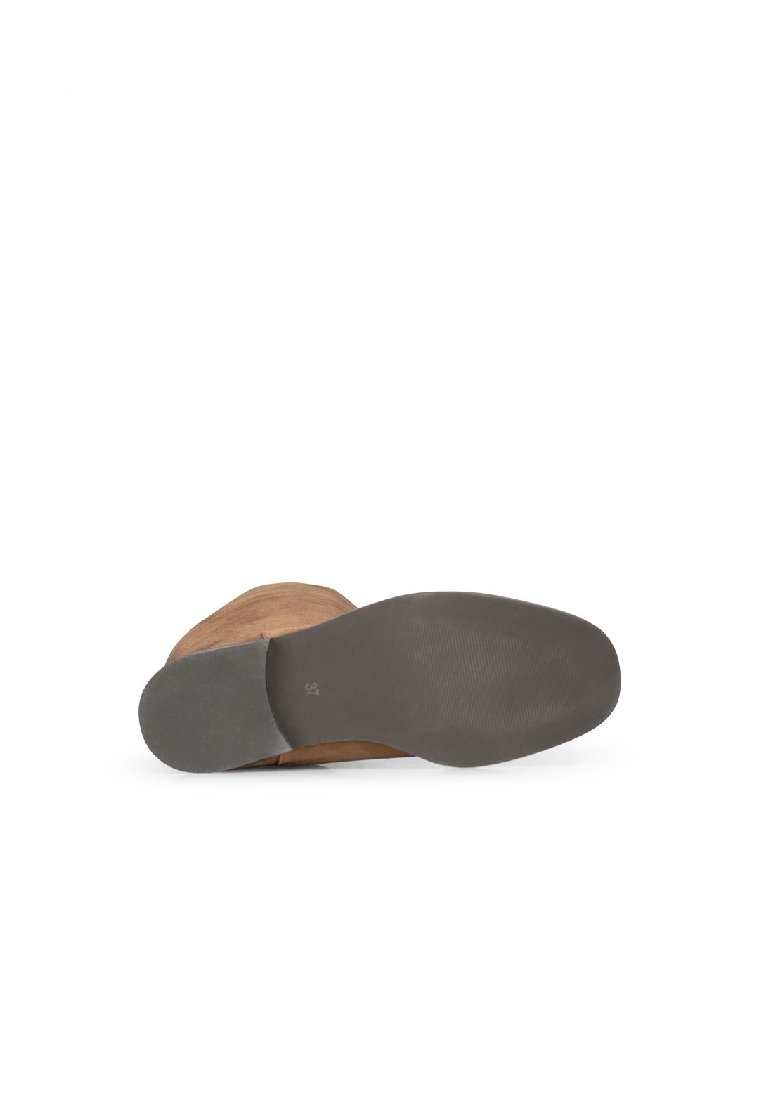 Sole and underside of Isabella cognac suede knee-high boot lying on white background.