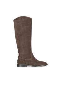 Isabella suede knee-high boot in dark brown, single boot standing upright, side view.