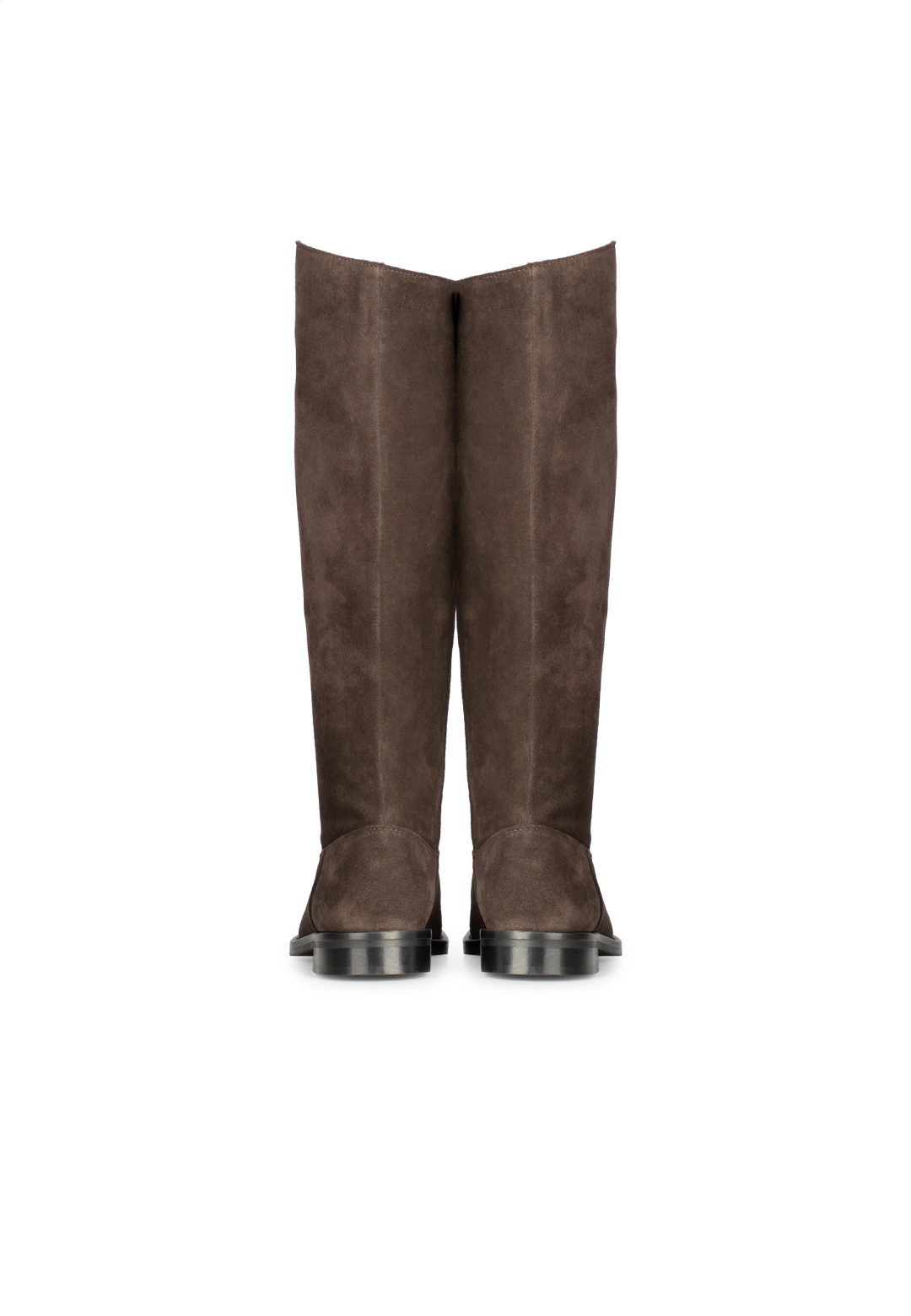 Isabella kniehohe Stiefel aus dunkelbraunem Veloursleder, Rückansicht beider Stiefel.