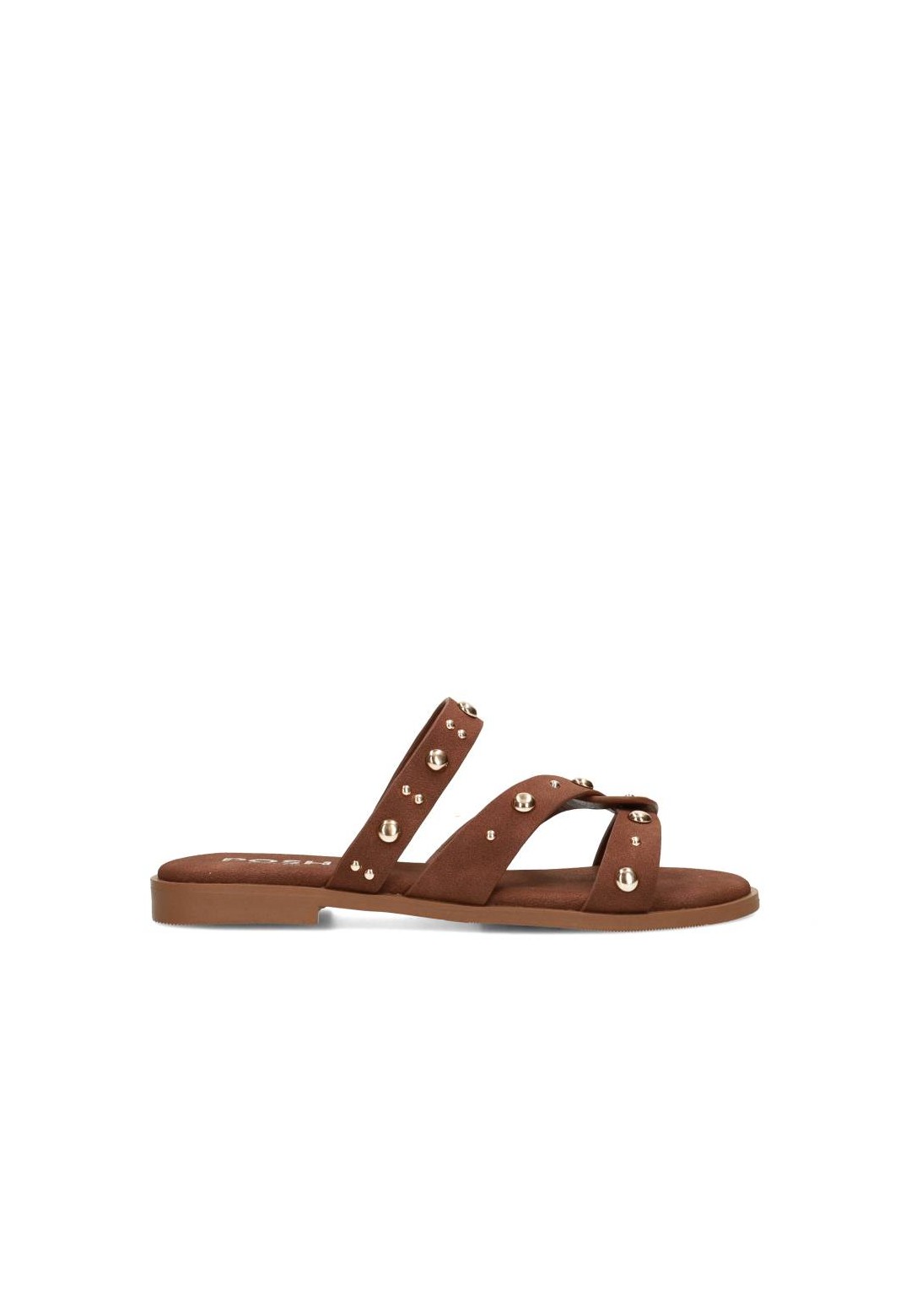 Side view of the POSH by Poelman LINDE women’s sandal in cognac leather with studs