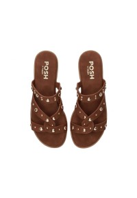 Top view of the cognac leather LINDE sandals with studs