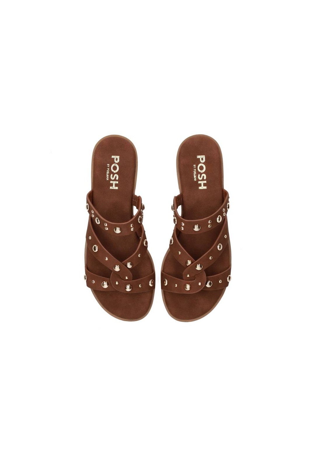 Top view of the cognac leather LINDE sandals with studs