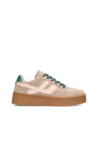 POSH by Poelman GEORGIA sneaker in beige imitatiesuède met roze en groene details – zijaanzicht