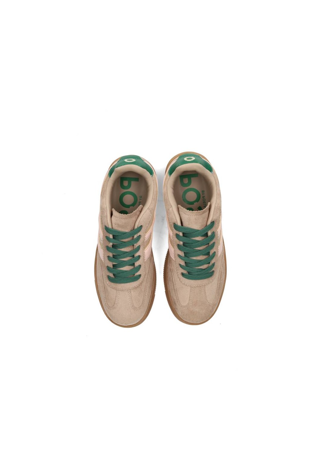 Bovenaanzicht van de GEORGIA sneaker met groene veters en beige bovenwerk